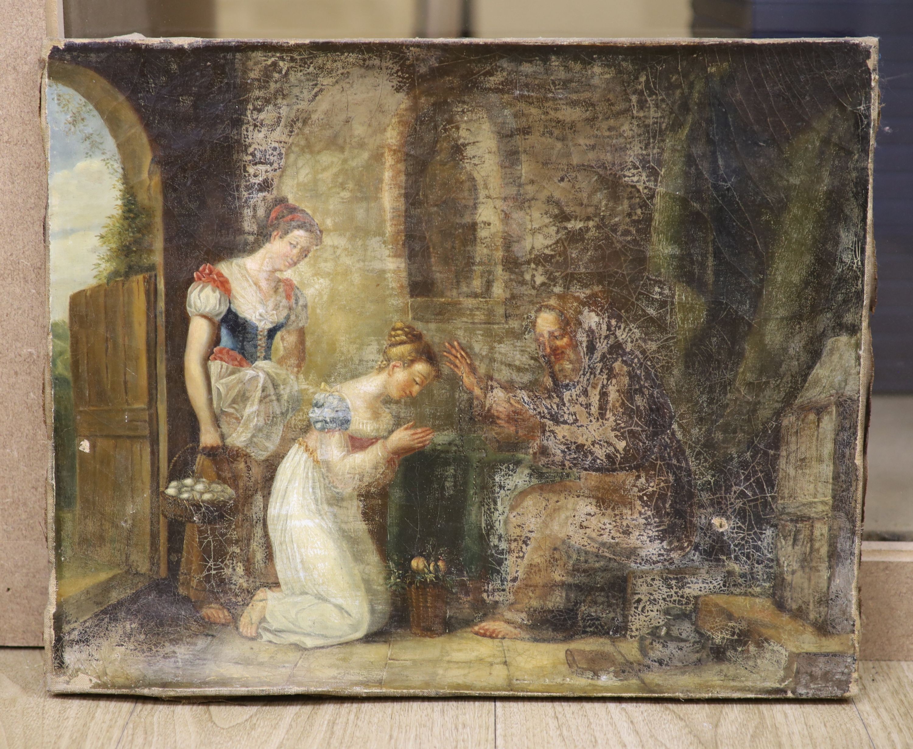 19th century English School, oil on canvas, Interior with Italian women at prayer, 32 x 40cm, unframed